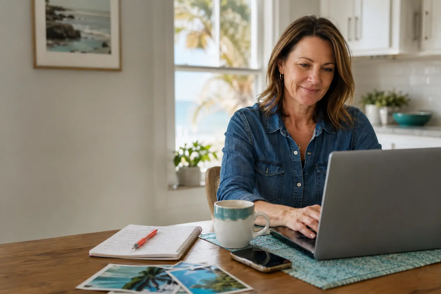 A travel advisor planning a client trip from her home workspace